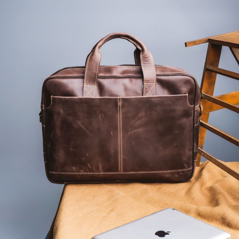Oxford Pure Leather Vintage Business Laptop Bag-Dark Brown