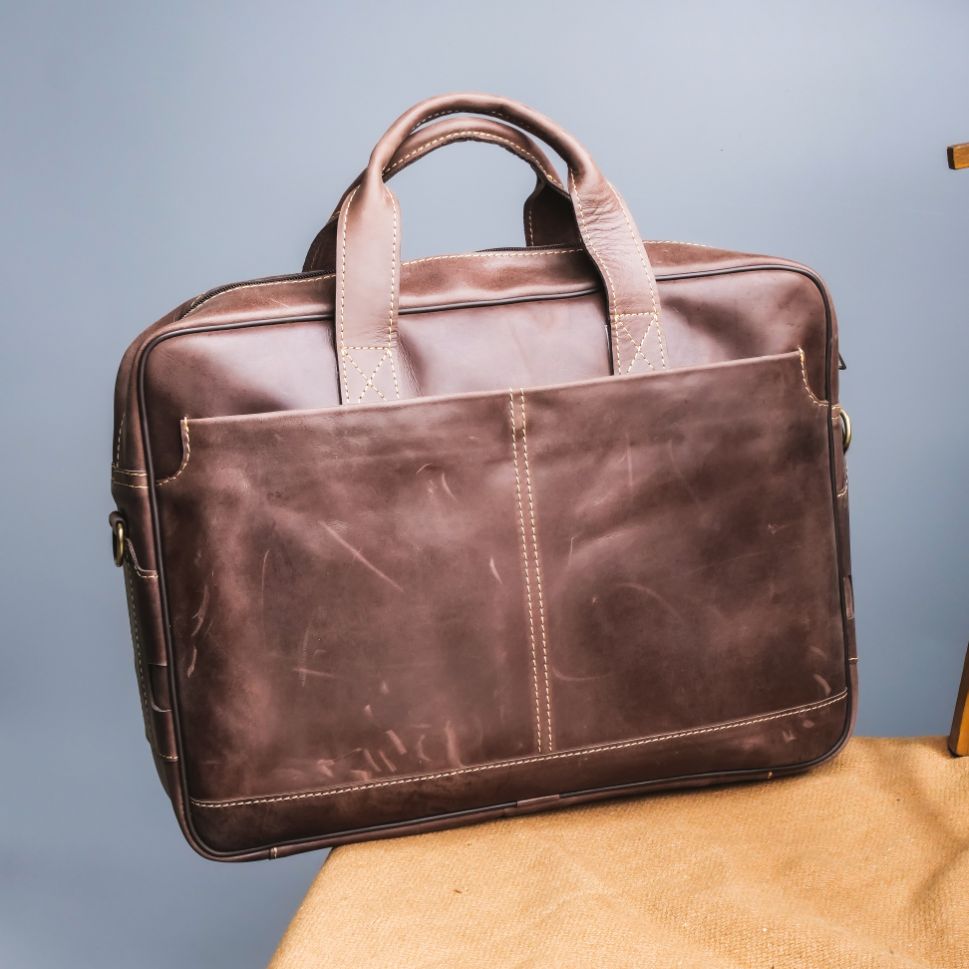 Oxford Pure Leather Vintage Business Laptop Bag-Dark Brown